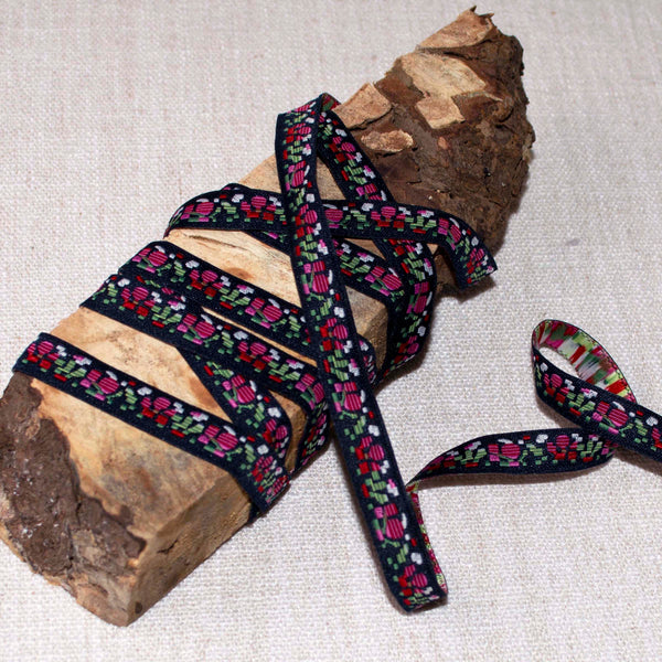 Stylized Flowers on Black ford-embellish-trims Ribbon.